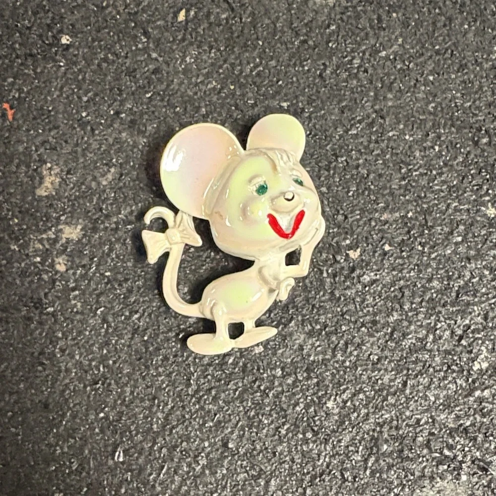 Vintage Cute Mouse Brooch with Red and Cream Accents
